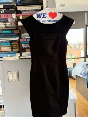 French Connection Black Cap-Sleeve Midi Sheath Dress with Paneled Bodice